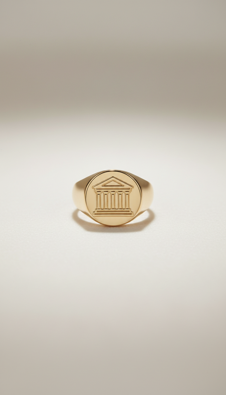 Anillo sello de oro 18k con motivo arquitectónico